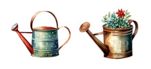 Garden Watering Can, Watercolor Clipart Illustration With Isolated Background
