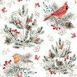 Christmas seamless pattern, robin and cardinal birds, red berries, pine twigs, trees, cones, white background. Vector illustration. Nature design. Season greeting. Winter Xmas holidays