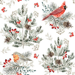Wall Mural - christmas seamless pattern, robin and cardinal birds, red berries, pine twigs, trees, cones, white b
