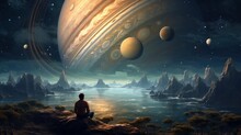 Journey To Jupiter. The Man Sitting On A Stone Overlooking Planets. Generative AI.