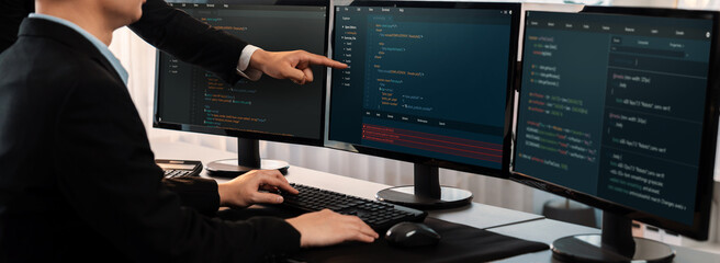 Wall Mural - software development team working together in office, coding script display on computer monitor. pro