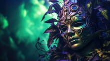Mardi Gras Venetian Masks In Golden Purple Green Colors Background. Festive Colorful Carnival Mardi Gras Masquerade Mask Design For Banner, Greeting Card, Prints, Poster, Party Invitation, Flyer..