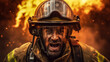 Angry firefighter. Fire background.