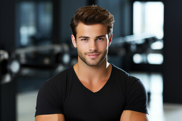 Wall Mural - Portrait of young smiling muscular man in gym. Healthy lifestyle. sport concept