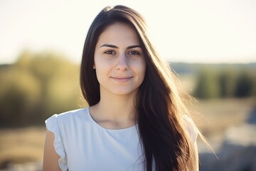 Canvas Print - Backlit image of a Smiling charming young brunette posing at a beautiful park looking at the camera