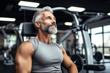 Wall Mural - Portrait of middle age smiling muscular man in gym. Healthy lifestyle. sport concept