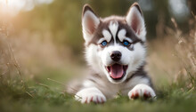 Little Siberian Husky Puppy Makes A Very Funny Face. Puppy Playing In Nature