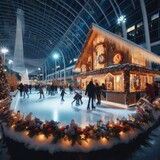 Fototapeta  - Ice skating rink near the shopping center. decorated for Christmas. In the evening