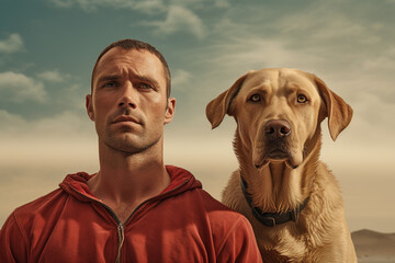 Canvas Print - portrait Labrador and man on the beach