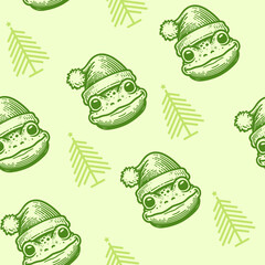 Sticker - Christmas tree and cute frog seamless pattern