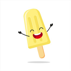 Wall Mural - Cute happy ice cream character. Funny victory jump celebration popsicle cartoon emoticon in flat style. closet vector illustration