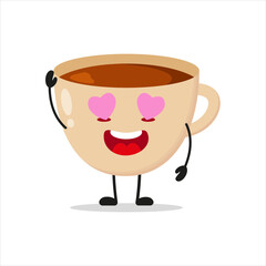 Wall Mural - Cute happy cup of coffee character. Funny fall in love drink cartoon emoticon in flat style. closet vector illustration