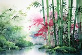 Fototapeta Sypialnia - watercolor bamboo painting bamboo Background Bamboo watercolor stems and leaves