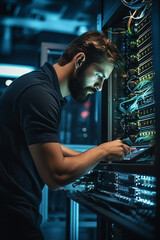 IT technician working on network programming with online technology. Protecting information on the internet with cyber security management. High quality photo