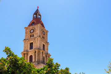 An ancient tower with a chapel. Background with selective focus and copy space