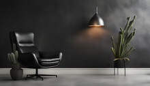 Black Textured Wall And Modern Lamp Black Leather Chair With Cactus And Pillow.
