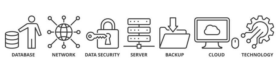 Data center banner web icon vector illustration concept with icon of database, network, data security, server, backup, cloud and technology