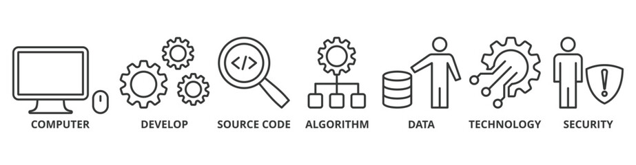 Programming banner web icon vector illustration concept with icon of computer, develop, source code, algorithm, data, technology and security
