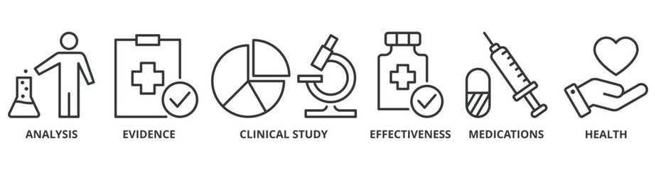 Clinical research banner web icon vector illustration concept with icon of analysis, evidence, clinical study, effectiveness, medications and health