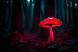 Red glowing mushrooms in a dark forest with twinkling red light. Neon glowing mushrooms. AI Generative.