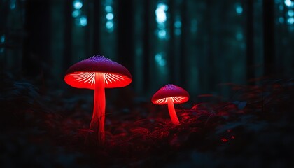 Wall Mural - Red glowing mushrooms in a dark forest with twinkling red light. Neon glowing mushrooms. AI Generative.