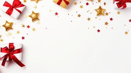 Christmas and New Year background. White gift boxes with red ribbon, golden stars and confetti on white background. Flat lay, top view, copy space.