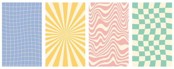 Wall Mural - Groovy hippie 70s vector backgrounds set. Chessboard and twisted patterns. Backgrounds in trendy retro trippy style.Twisted and distorted vector texture in trendy retro psychedelic style