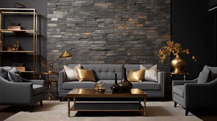 Wall Mural - An image capturing the elegance of a charcoal-gray brick-textured wall, paired with contemporary furnishings and accented by pops of gold decor, exuding a chic and modern atmosphere.