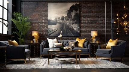 Wall Mural - An image capturing the elegance of a charcoal-gray brick-textured wall, paired with contemporary furnishings and accented by pops of gold decor, exuding a chic and modern atmosphere.