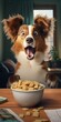 A surprised dog sitting at a table with a bowl of dog food. Generative AI.