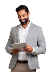 man looking at a tablet while smiling on transparent background. png