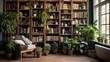 A high-quality image of a bookcase displaying an eclectic mix of books and a diverse collection of potted plants, adding a touch of greenery and tranquility to the room's decor.
