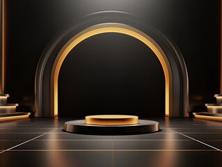 round podium for display product or showcase product presentation in black and gold accent with soft light and background decoration