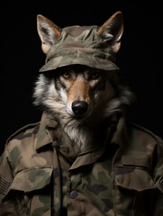 Wall Mural - An Anthropomorphic Coyote Dressed Up as a Soldier in a Camo Uniform