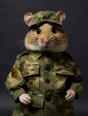 Wall Mural - An Anthropomorphic Hamster Dressed Up as a Soldier in a Camo Uniform