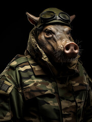 Wall Mural - An Anthropomorphic Warthog Dressed Up as a Soldier in a Camo Uniform