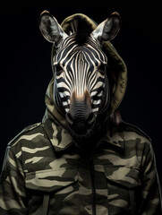 Wall Mural - An Anthropomorphic Zebra Dressed Up as a Soldier in a Camo Uniform