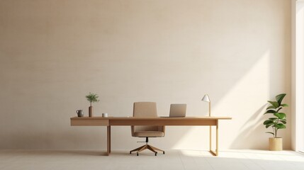Wall Mural - A minimalist office setting featuring a spacious, empty wall bathed in soft, diffused light, inviting you to overlay your logo design effortlessly.