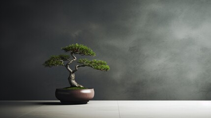 Wall Mural - A minimalist wallpaper featuring a solitary, well-placed bonsai tree against a plain backdrop, symbolizing tranquility and the essence of Zen.