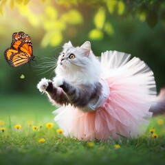  cat chasing a butterfly while wearing a tutu