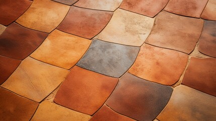 Wall Mural - A close-up of a textured terracotta tile floor, showcasing its earthy hues and unique, handcrafted patterns.