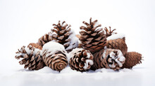 A Dry Pine Cones Covered With Snow Isolated On White Background.