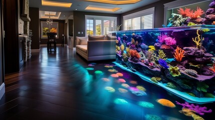 Wall Mural - A mesmerizing underwater-themed epoxy floor in a home aquarium, featuring colorful fish and coral-like textures.