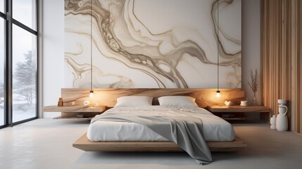 Wall Mural - A marbled epoxy wall with subtle, organic swirls of color, creating a serene backdrop for a minimalist bedroom.