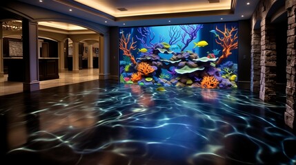 Wall Mural - A mesmerizing underwater-themed epoxy floor in a home aquarium, featuring colorful fish and coral-like textures.