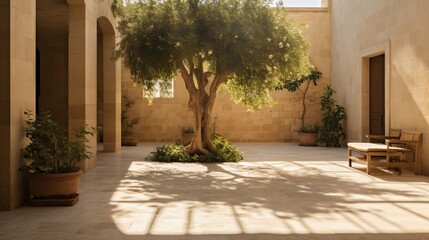 Wall Mural - A picturesque view of a textured travertine floor leading to an open courtyard, bathed in soft sunlight.