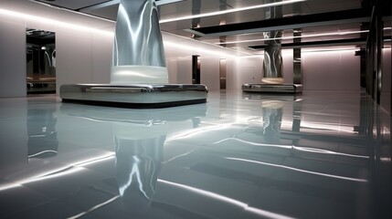 Wall Mural - A polished stainless steel floor reflecting overhead lights, creating a sleek and futuristic ambiance.