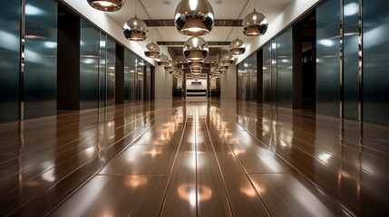 Wall Mural - A polished stainless steel floor reflecting overhead lights, creating a sleek and futuristic ambiance.