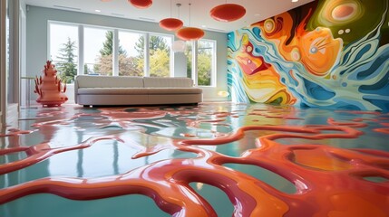 Wall Mural - A three-dimensional epoxy floor that appears to have lifelike depth and texture, adding a touch of whimsy to a children's playroom.