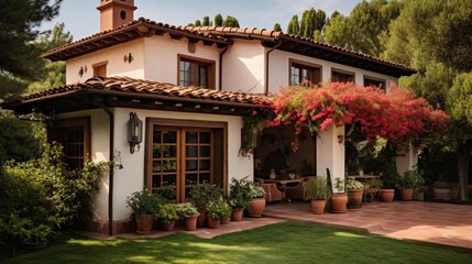 Wall Mural - An exterior shot of a Mediterranean villa with terracotta stucco walls and wooden beams.